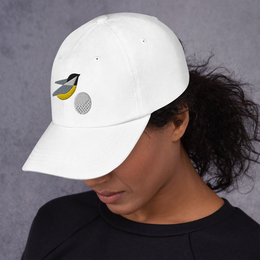 Cool golf hat with embroidered birdie and ball design in white