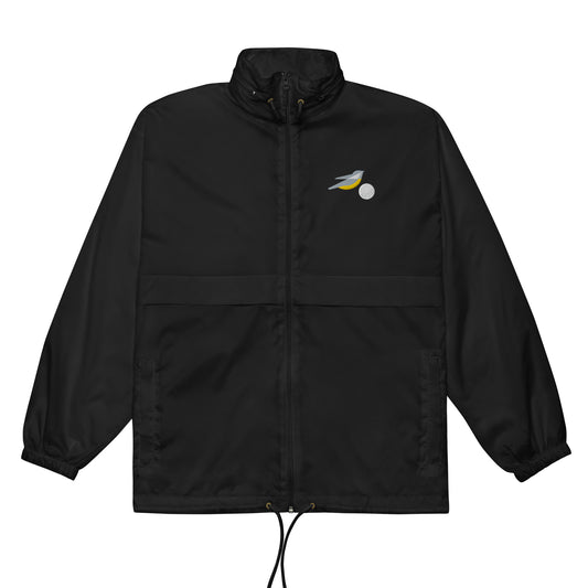 Golf jacket for men and women with embroidered birdie and ball design on chest in black