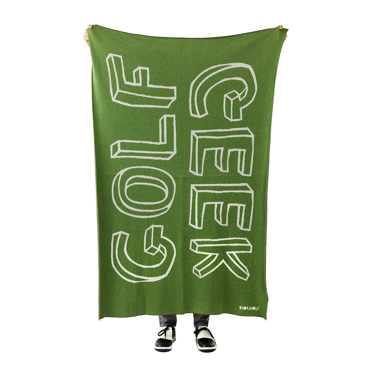 knitted Golf Blanket in green and white with golf geek design