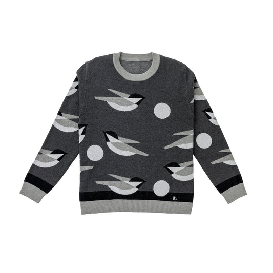 modern golf sweater with dark gray birdie print design for men and women