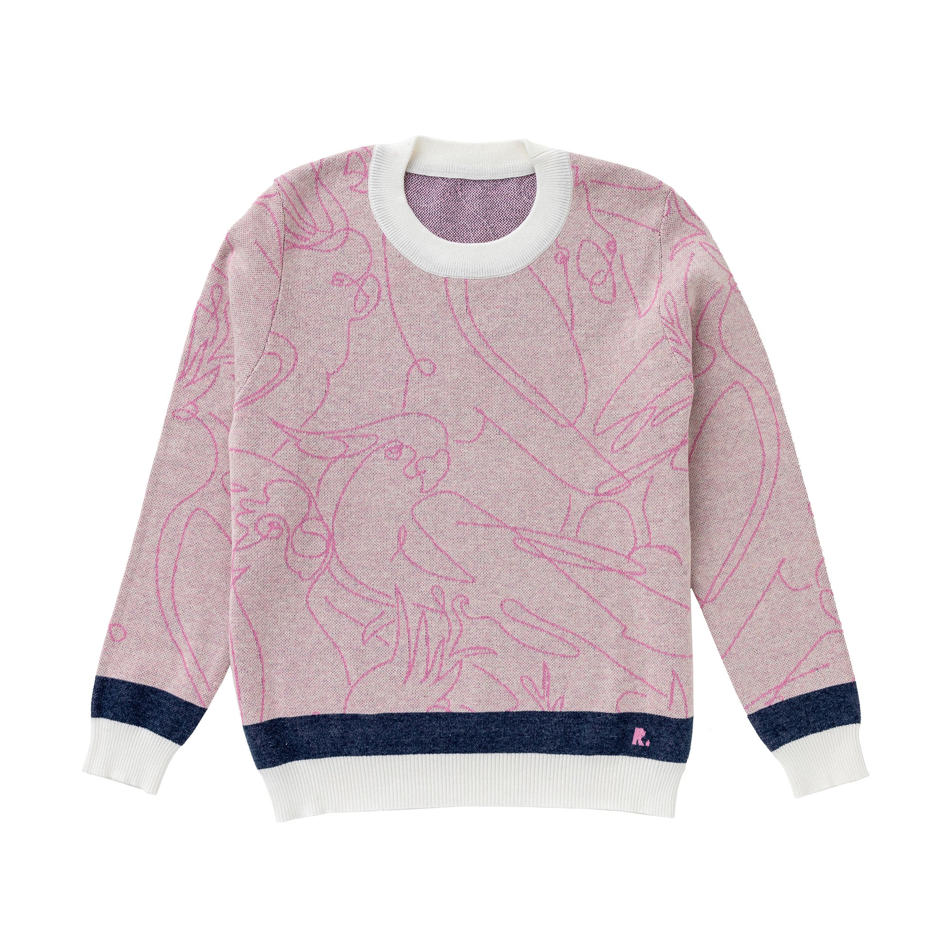 Modern golf sweater in light pink, navy and white women’s with birdie print design