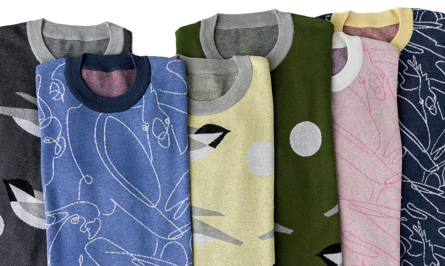 modern golf sweaters in different colors for men and women with birdie print design