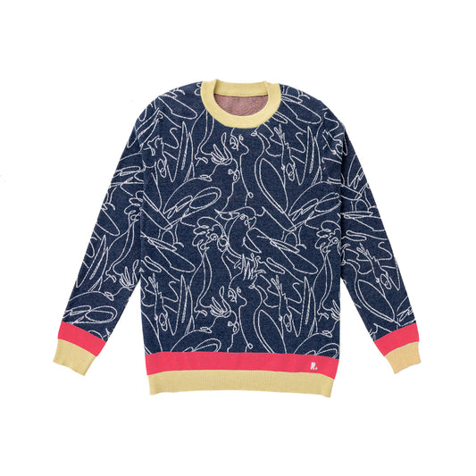 modern golf sweater with navy blue, pink , and yellow birdie print design for men and women