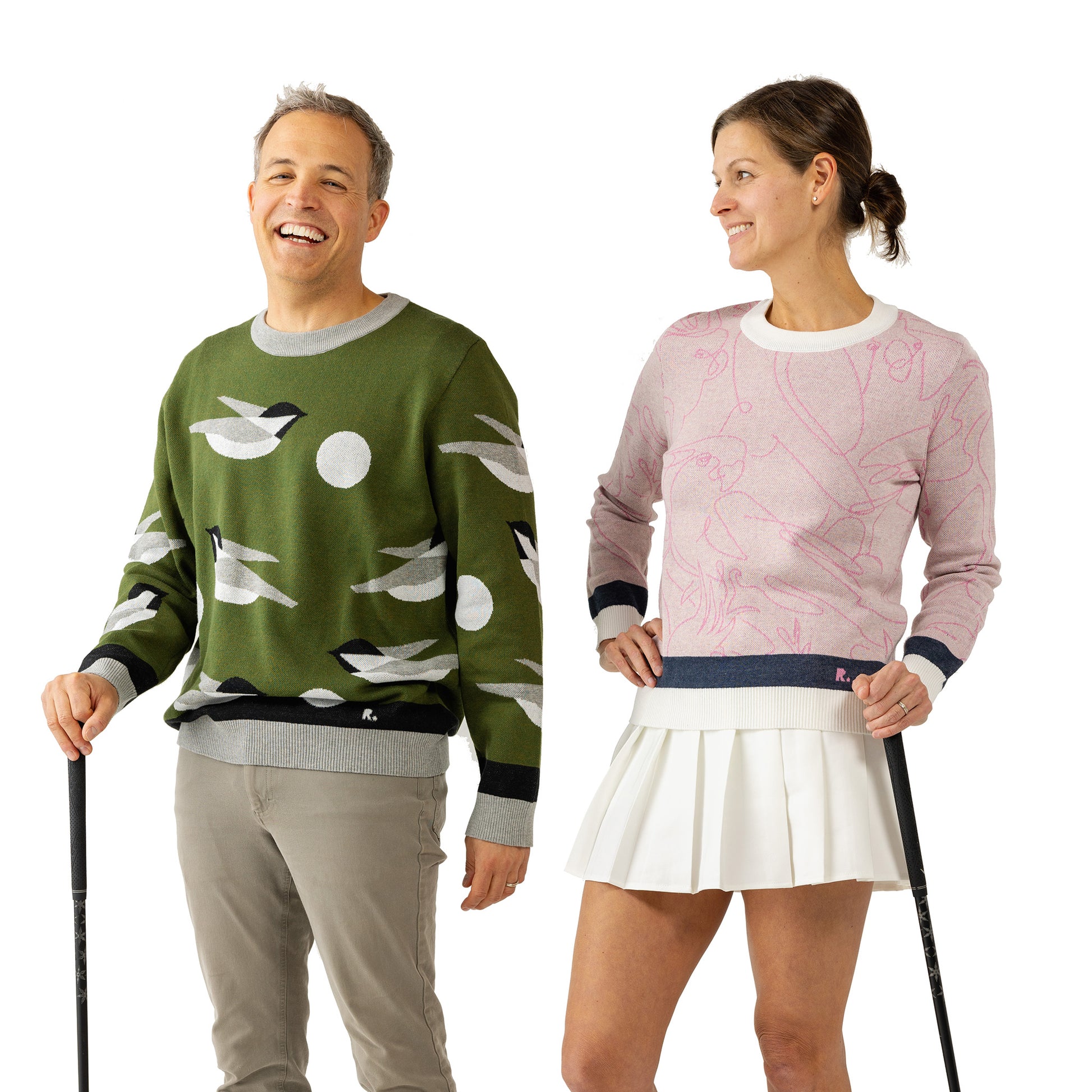 Modern golf sweaters with olive green and pink colors birdie print design for men and women