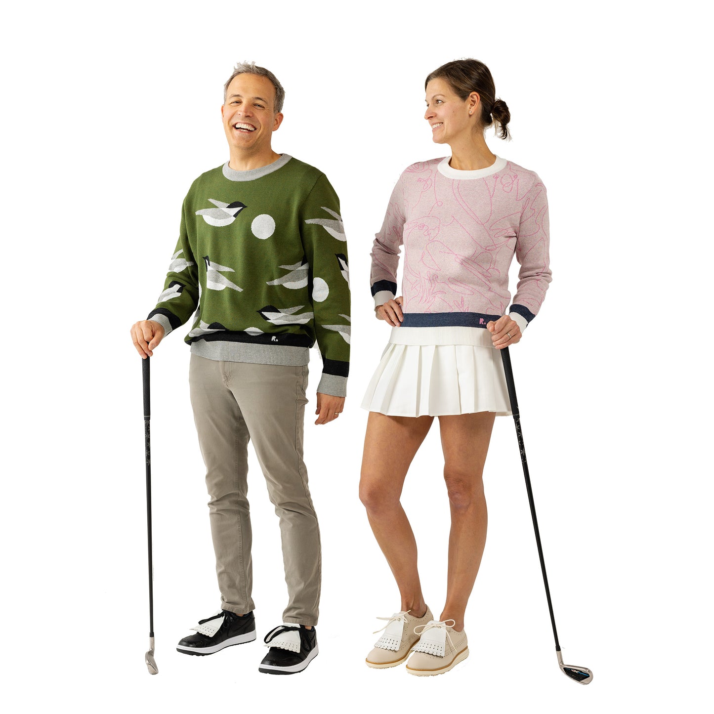 golf sweaters in different colors for men and women with birdie print designs in olive green and pink