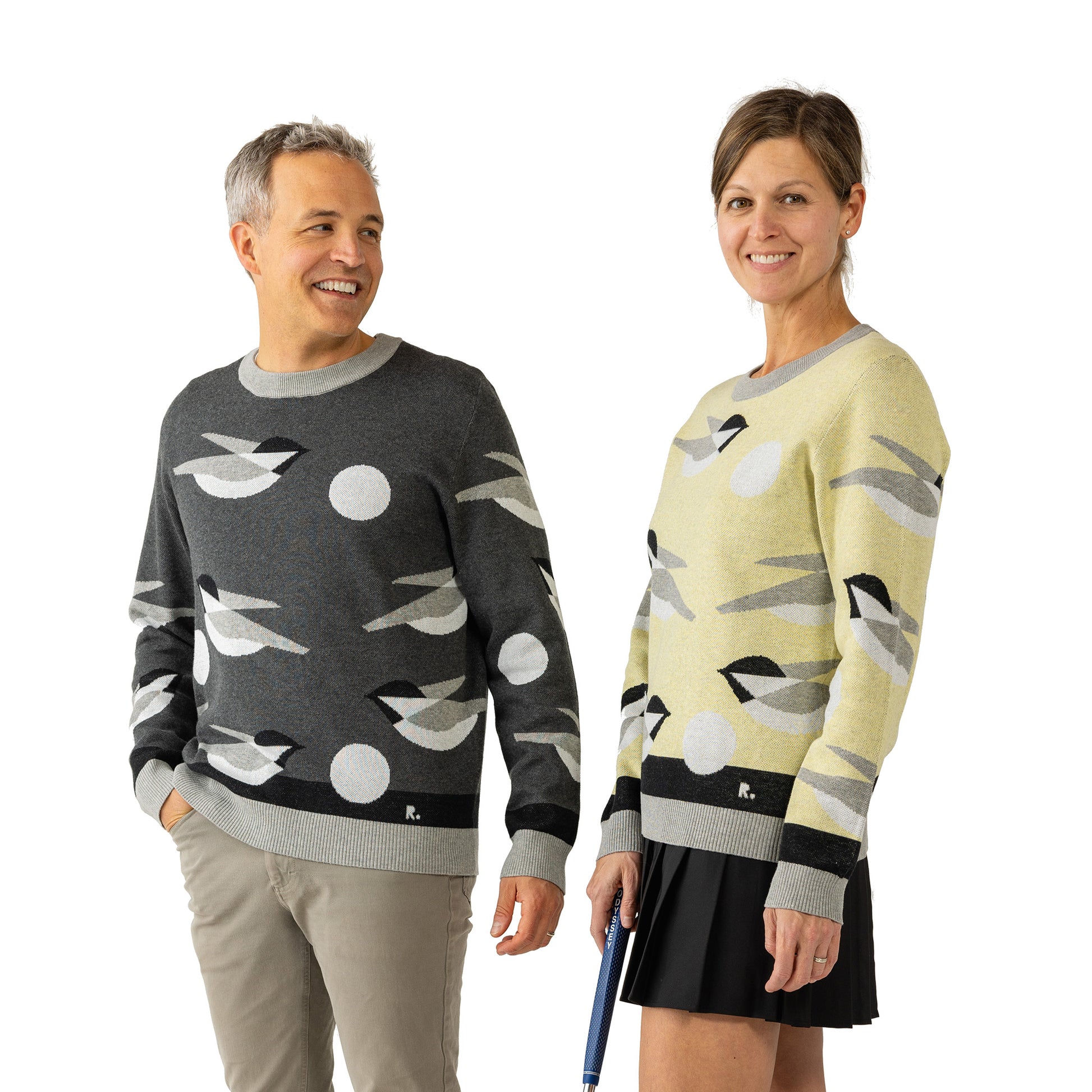 Golf sweater with dark gray and yellow birdie print design for men and women