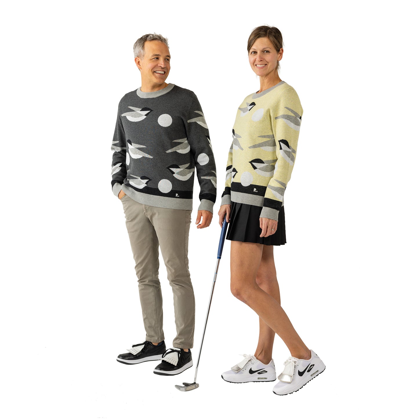 Golf sweater with dark gray and yellow birdie print design for men and women