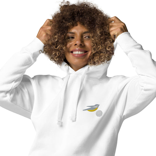 Lucky Birdie Golf Hoodie in white with embroidered birdie design unisex 