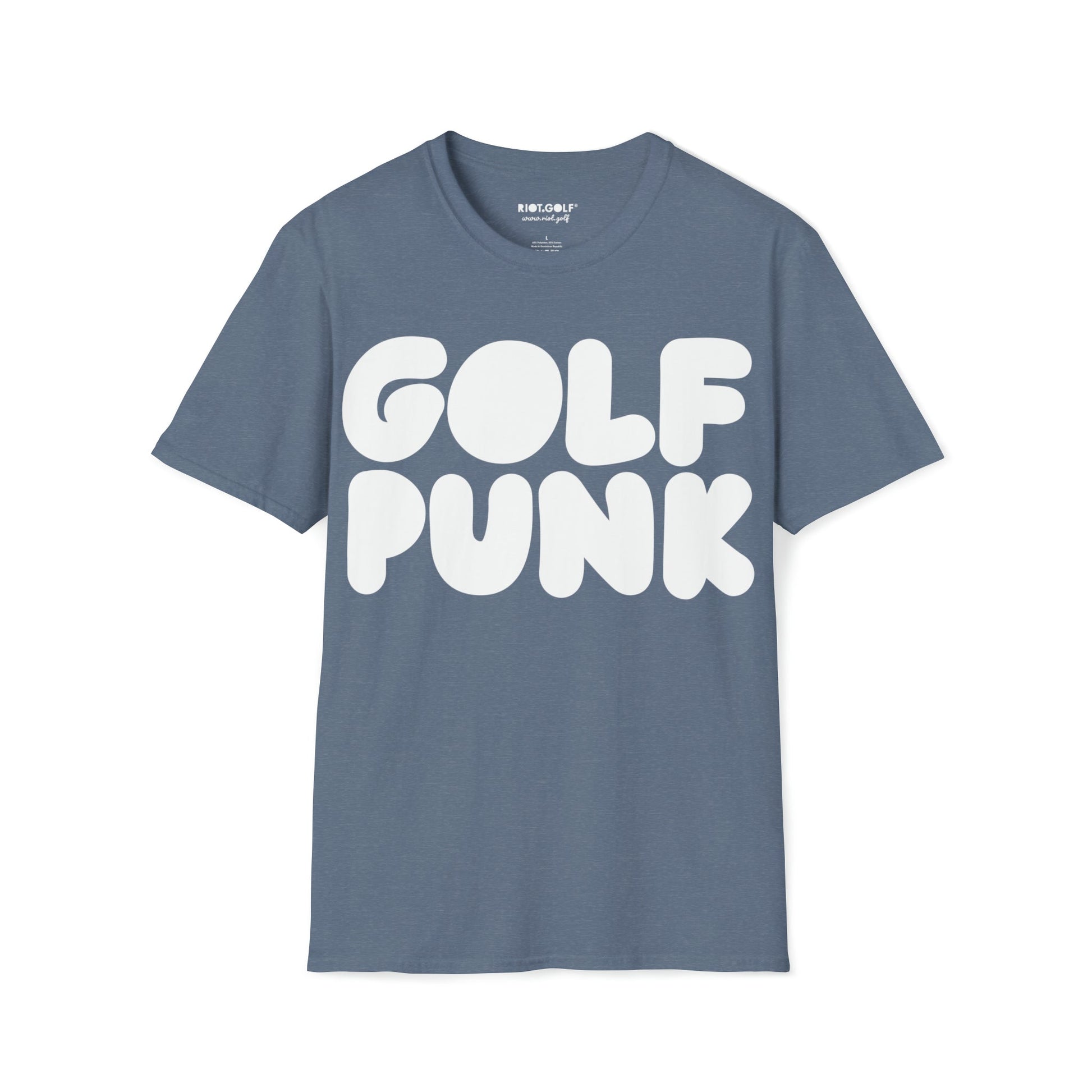 Golf T shirt in heather indigo with white golf punk graphics