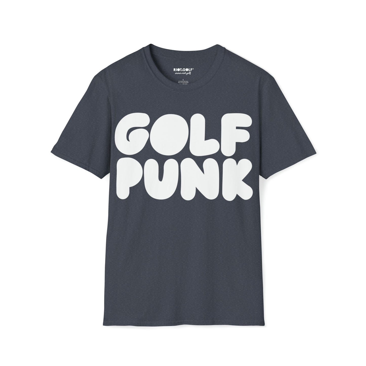 Golf T shirt in heather navy with white golf punk graphics