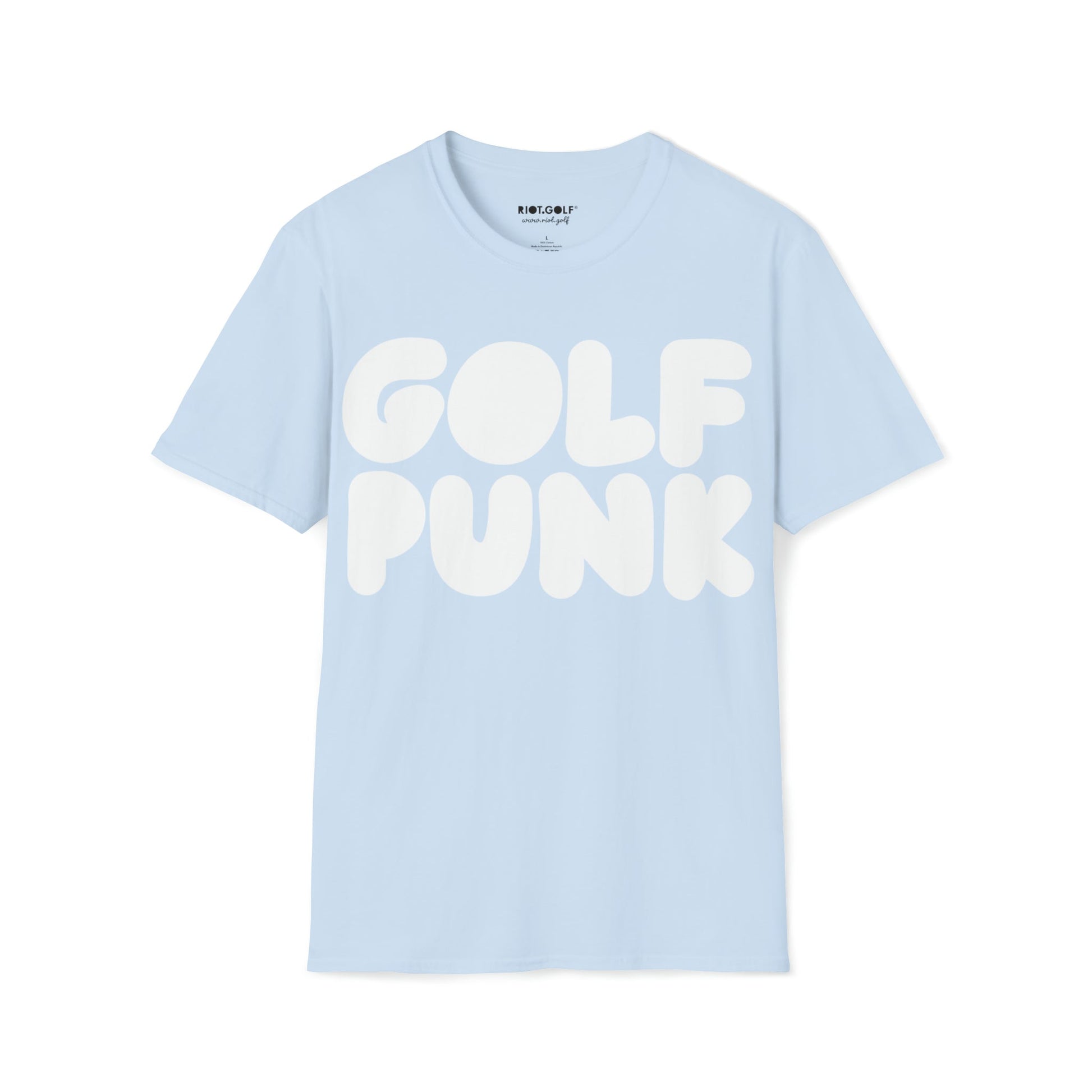 Golf T shirt in light blue with white golf punk graphics