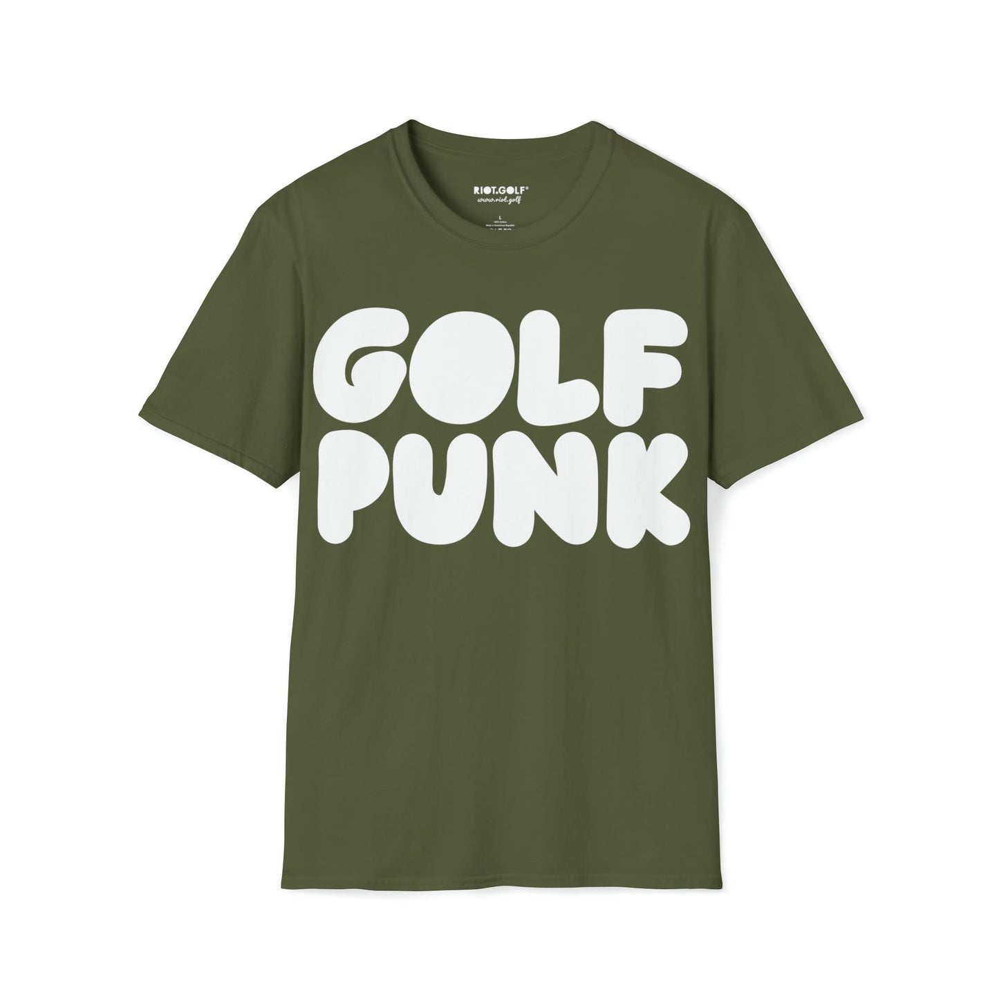 Golf T shirt in military green with white golf punk graphics