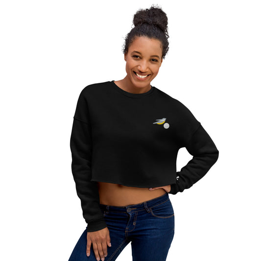 Womens cropped sweatshirt with embroidered birdie and ball design 